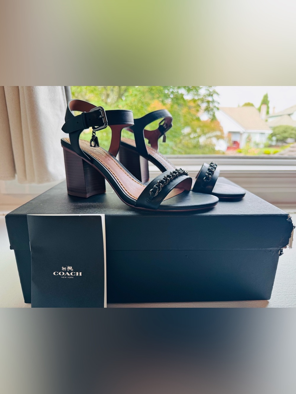 Coach Black Leather Chain-Detail Block Heel Sandals